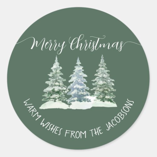3 Pine Trees Rustic Sage Green Merry Christmas Classic Round Sticker