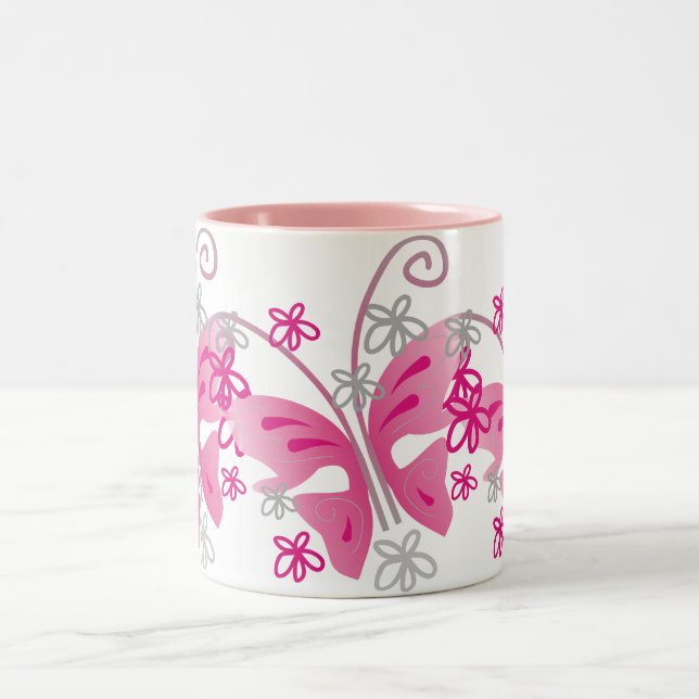 3 pink butterflies Two-Tone coffee mug (Center)