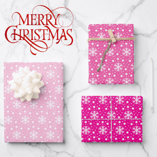 3 Pink Coordinating Snowflake Christmas Gift  Wrapping Paper Sheets