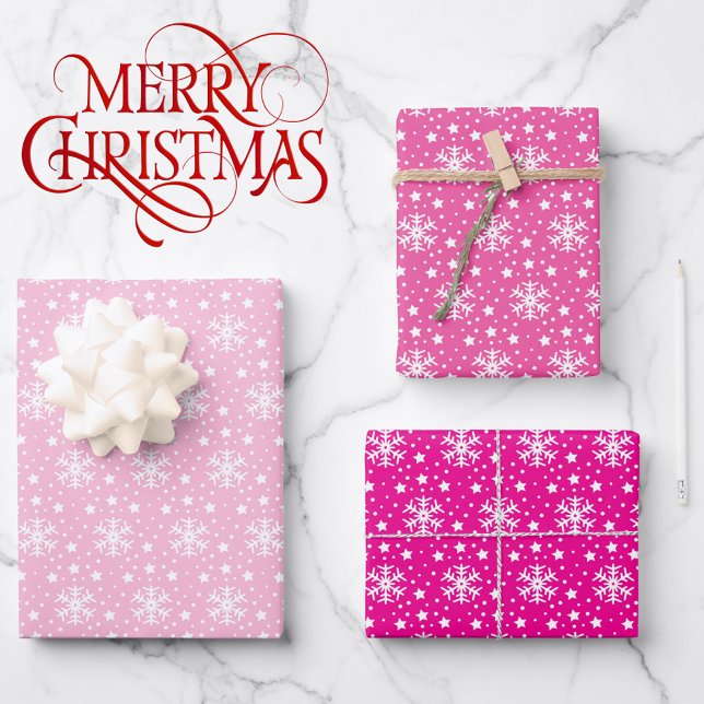 3 Pink Coordinating Snowflake Christmas Gift  Wrapping Paper Sheets (Creator Uploaded)