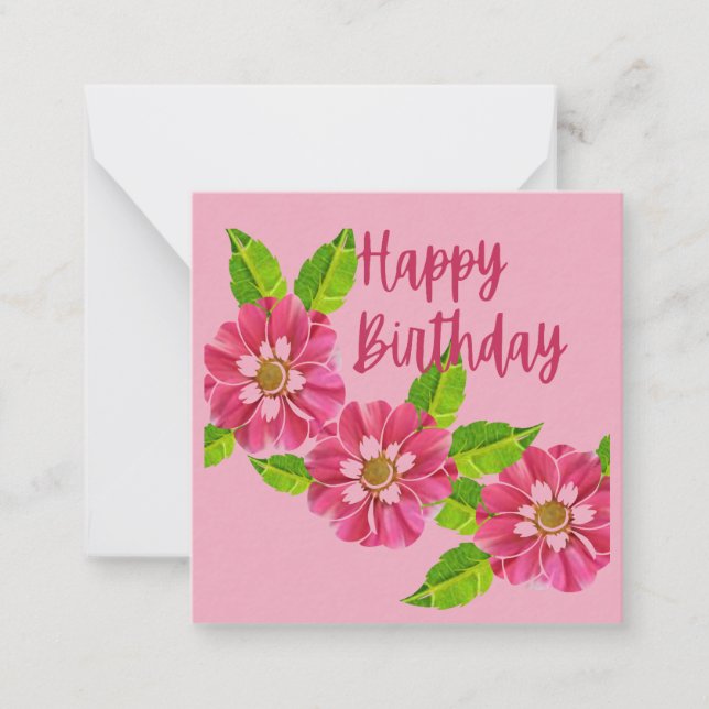 3 Pink Flowers Birthday wishes  Note Card (Front)