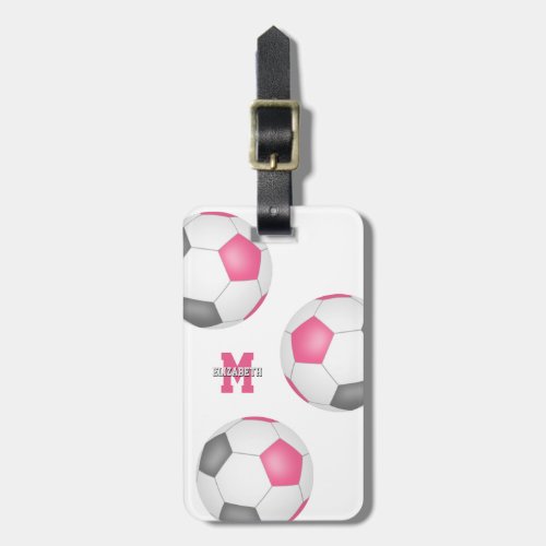 3 pink gray white soccer balls girls sports luggage tag