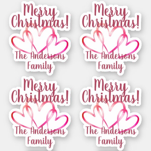 3 Pink Hearts Merry Christmas Personalized Name Sticker