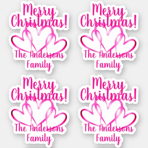 3 Pink Hearts Merry Christmas Personalized Name Sticker