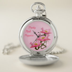 3 Pink Poppy Flowers Custom Girly She Shed Pocket Watch