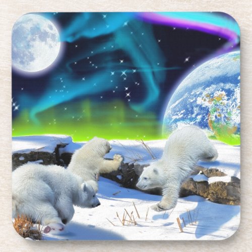 3 Polar Bear Cubs Playing in Snow _ Earth Day Art Beverage Coaster