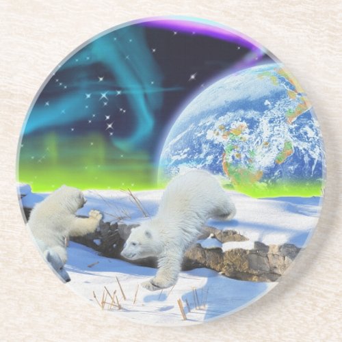 3 Polar Bear Cubs Playing in Snow _ Earth Day Art Coaster