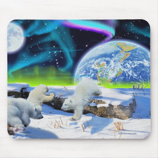 3 Polar Bear Cubs Playing in Snow - Earth Day Art Mouse Pad (Front)
