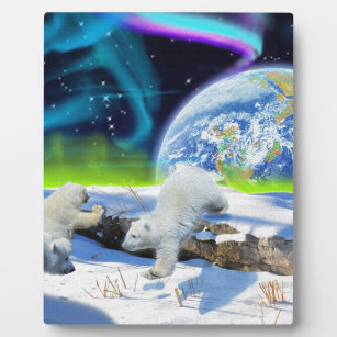 3 Polar Bear Cubs Playing in Snow - Earth Day Art Plaque