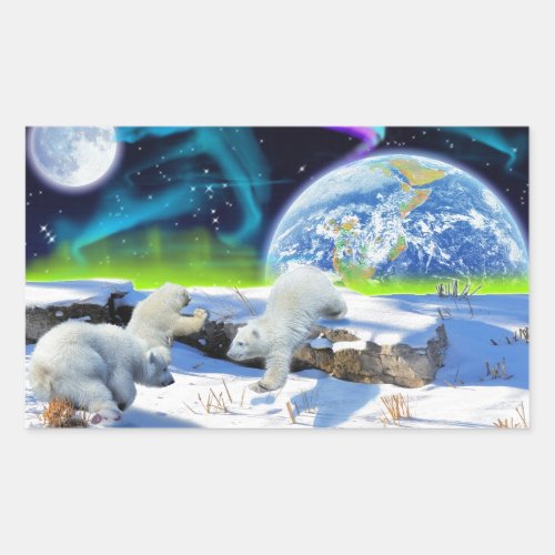 3 Polar Bear Cubs Playing in Snow _ Earth Day Art Rectangular Sticker