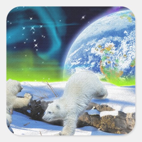 3 Polar Bear Cubs Playing in Snow _ Earth Day Art Square Sticker