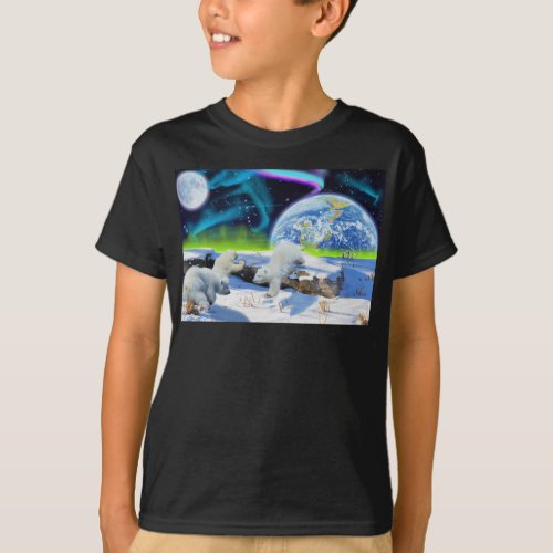 3 Polar Bear Cubs Playing in Snow _ Earth Day Art T_Shirt