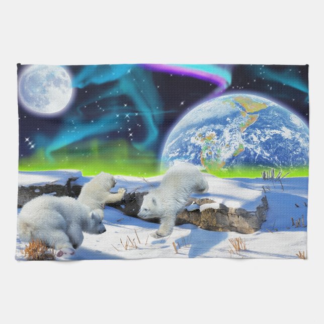 3 Polar Bear Cubs Playing in Snow - Earth Day Art Towel (Horizontal)