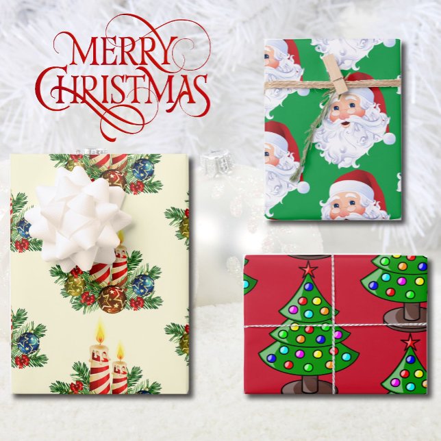 3 Pretty Christmas Santa Tree Candle Wrapping Paper Sheets (Creator Uploaded)