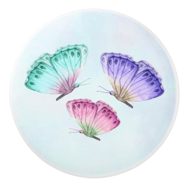 3 Pretty Pastel Watercolor Butterflies Ceramic Knob (Front)
