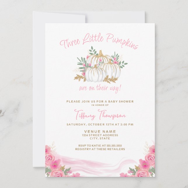 3 Pumpkins on Way Fall Girl Triplets Baby Shower Invitation (Front)