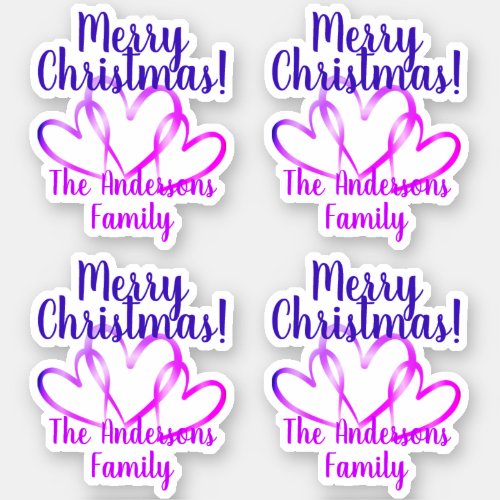 3 Purple Hearts Merry Christmas Personalized Name Sticker