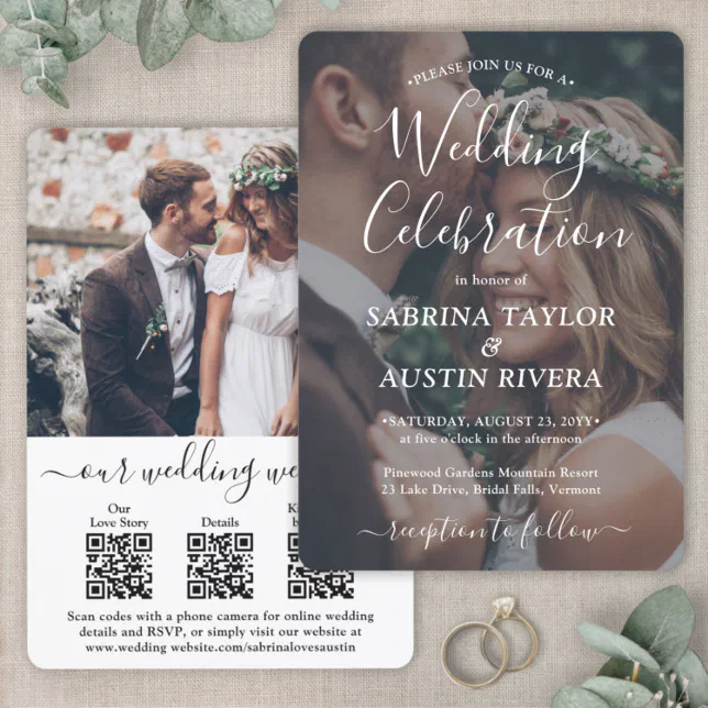 3 QR Codes All-In-One RSVP Photo Overlay Wedding Invitation | Zazzle