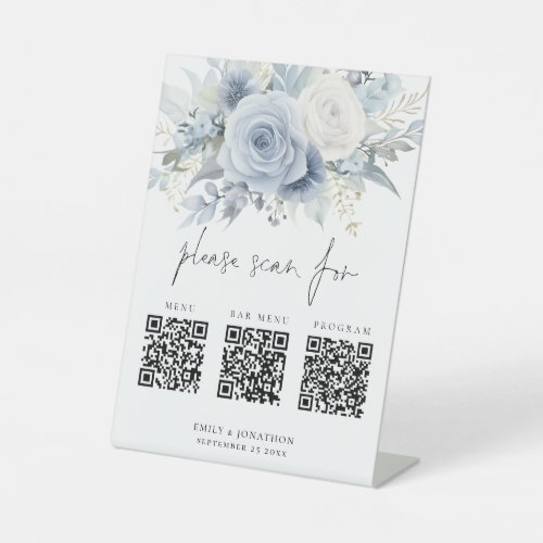 3 Qr Codes Bar Menu Program Blue Florals Wedding Pedestal Sign