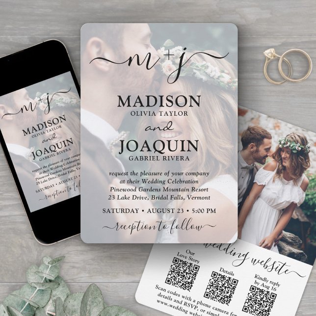3 QR Codes Elegant Script All-In-One Photo Wedding Invitation (Creator Uploaded)