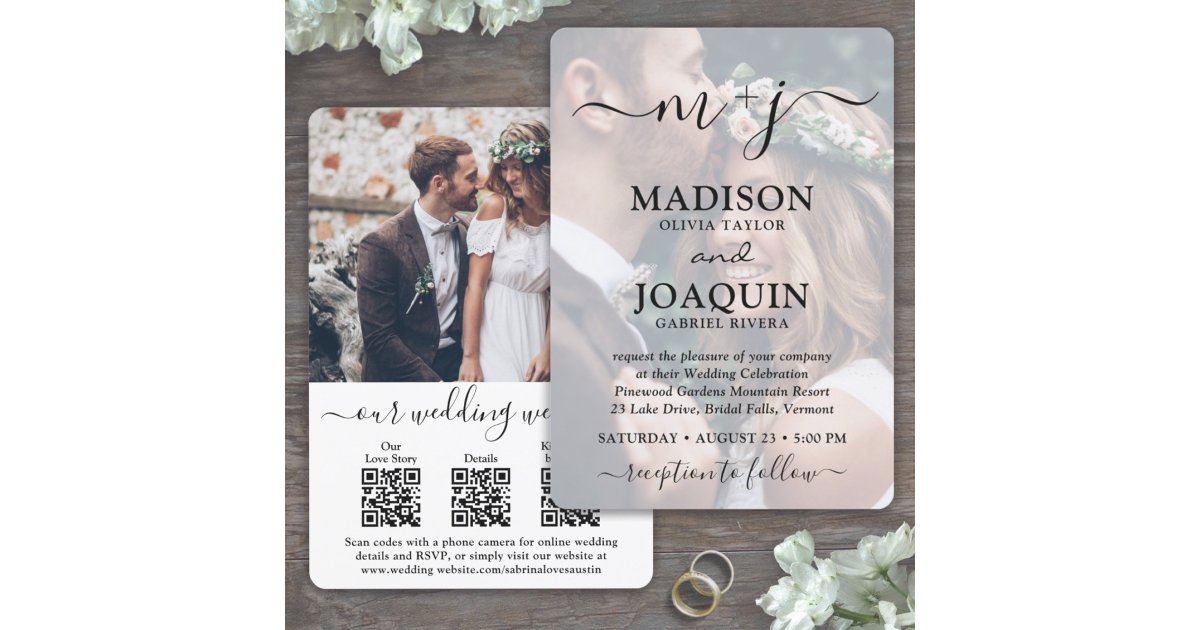 3 QR Codes Elegant Script All-In-One Photo Wedding Invitation | Zazzle