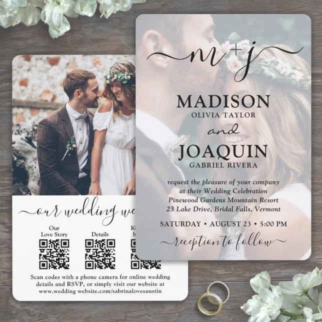 3 QR Codes Elegant Script All-In-One Photo Wedding Invitation | Zazzle