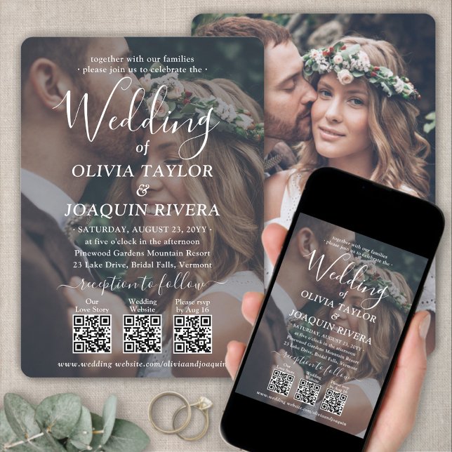 3 QR Codes Modern All-in-One 2 Photo White Wedding Invitation (Creator Uploaded)