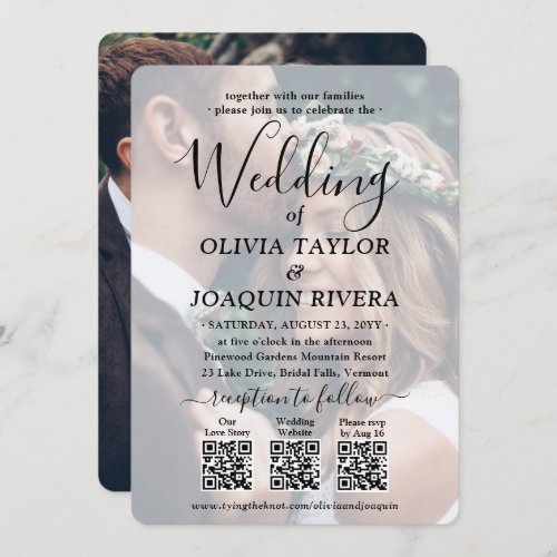 3 QR Codes Modern All-in-One Photo Overlay Wedding Invitation - Invite family and friends to a simply elegant wedding celebration with a stylish 2 photo all-in-one invitation with QR code RSVP. With just one card you can invite wedding guests to your upcoming special day celebration, provide all of the important information (such as directions, registry, hotel accommodations), and let the website keep all of the rsvp's organized. No additional enclosure cards are needed. Pictures and all wording are simple to personalize to include any details of your choice. (IMAGE PLACEMENT TIP: An easy way to center a photo exactly how you want is to crop it before uploading to the Zazzle website.) The modern minimalist black and white design features two pictures of the engaged couple, 3 custom QR codes, chic typewriter style typography, and trendy handwritten script calligraphy. By scanning a QR code with a phone camera, guests are sent directly to the wedding website for more details and to reply to the invitation. An online rsvp process reduces the chance that cards will be lost in the mail. It's also more versatile, in that you can ask for more detailed information, such as meal choices, food allergies, and song requests. All response information can be customized or deleted. This invitation is a stylish way of adding simplicity to your upcoming special day celebration.