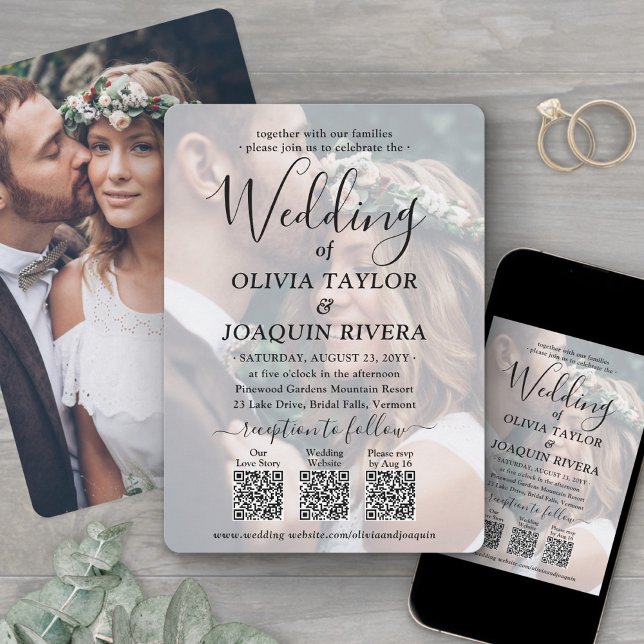 3 QR Codes Modern All-in-One Photo Overlay Wedding Invitation (Creator Uploaded)