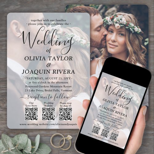 3 QR Codes Modern All_in_One Photo Overlay Wedding Invitation