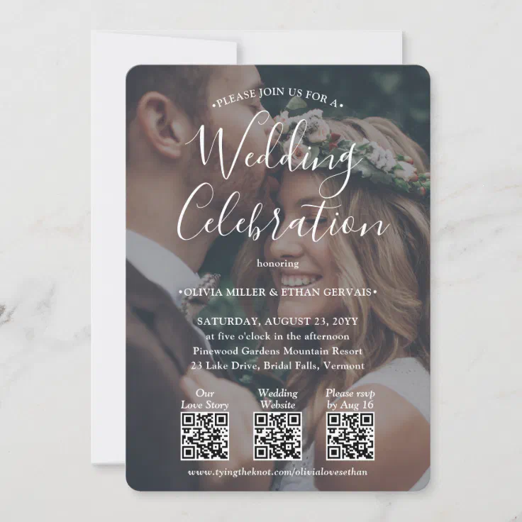 3 QR Codes Photo Overlay All-In-One White Wedding Invitation | Zazzle