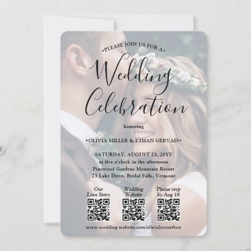 3 QR Codes Simple Photo Overlay All-In-One Wedding Invitation | Zazzle
