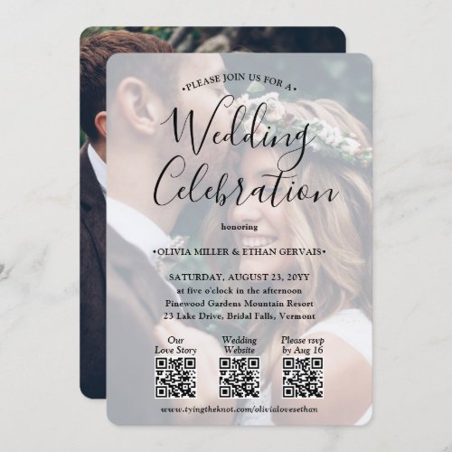 3 QR Codes Simple Photo Overlay All-In-One Wedding Invitation - Invite family and friends to a simply elegant wedding celebration with a stylish 2 photo all-in-one invitation with QR code RSVP. With just one card you can invite wedding guests to your upcoming special day celebration, provide all of the important information (such as directions, registry, hotel accommodations), and let the website keep all of the rsvp's organized. No additional enclosure cards are needed. Pictures and all wording are simple to personalize to include any details of your choice. (IMAGE PLACEMENT TIP: An easy way to center a photo exactly how you want is to crop it before uploading to the Zazzle website.) The modern minimalist black and white design features two pictures of the engaged couple, 3 custom QR codes, chic typewriter style typography, and trendy handwritten script calligraphy. By scanning a QR code with a phone camera, guests are sent directly to the wedding website for more details and to reply to the invitation. An online rsvp process reduces the chance that cards will be lost in the mail. It's also more versatile, in that you can ask for more detailed information, such as meal choices, food allergies, and song requests. All response information can be customized or deleted. This invitation is a stylish way of adding simplicity to your upcoming special day celebration.
