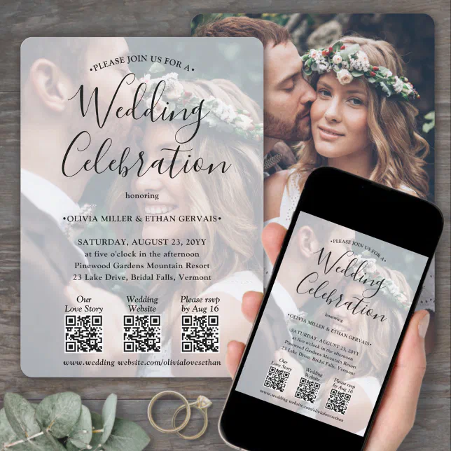 3 QR Codes Simple Photo Overlay All-In-One Wedding Invitation | Zazzle