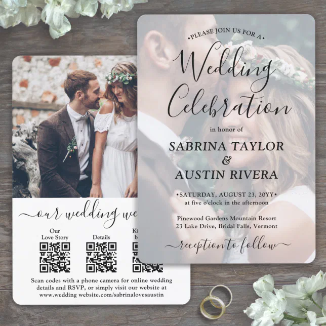 3 QR Codes Website RSVP All-In-One Photo Wedding Invitation | Zazzle