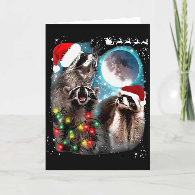 3 Racoon Moon Howling Raccoon Christmas Santa Raco Card (Front)
