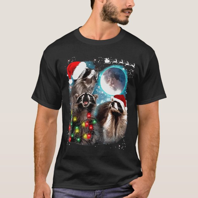 3 Racoon Moon Howling Raccoon Christmas Santa Raco T-Shirt (Front)