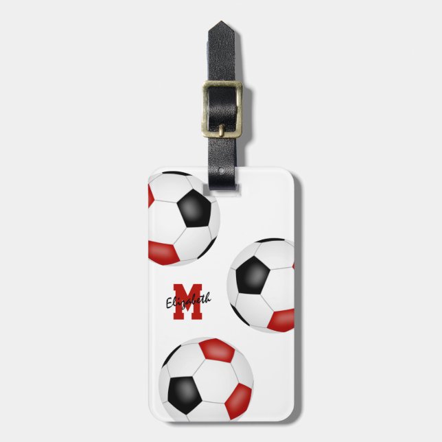 3 red black soccer balls monogrammed luggage tag (Front Vertical)