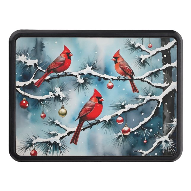 3 Red Cardinals and Christmas Ornaments Hitch Cover (Front)