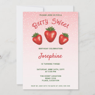 3 Red Strawberries On Pink Berry Sweet Birthday Invitation