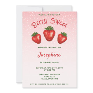 3 Red Strawberries On Pink Berry Sweet Birthday Invitation