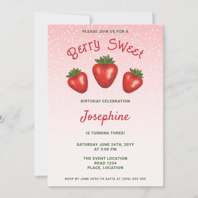 3 Red Strawberries On Pink Berry Sweet Birthday Invitation (Front)
