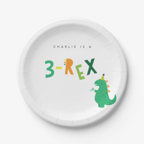 3_Rex Dinosaur Party Plates for 3rd Birthday