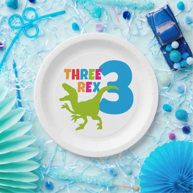 3 Rex Dinosaur Theme Third Birthday Photo Paper Plates (Party)