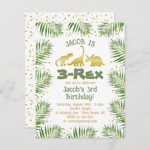 3 Rex Dinosaur Tropical Greenery Boy 3rd Birthday Invitation