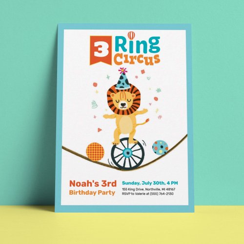 3_Ring Circus Animal Lion 3rd Birthday Invites
