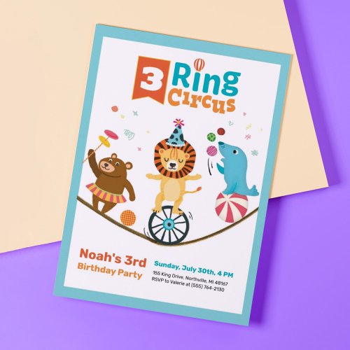 3_Ring Circus Animals Kids Third Birthday Invites