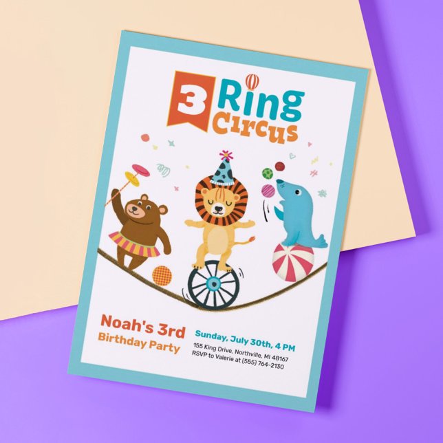 3-Ring Circus Animals Kids Third Birthday Invites (Creator Uploaded)