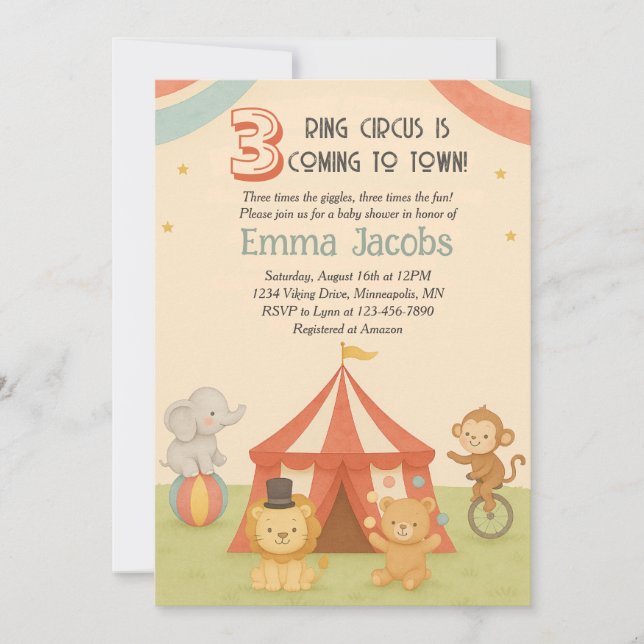 3 Ring Circus Triplet Baby Shower Invitation (Front)