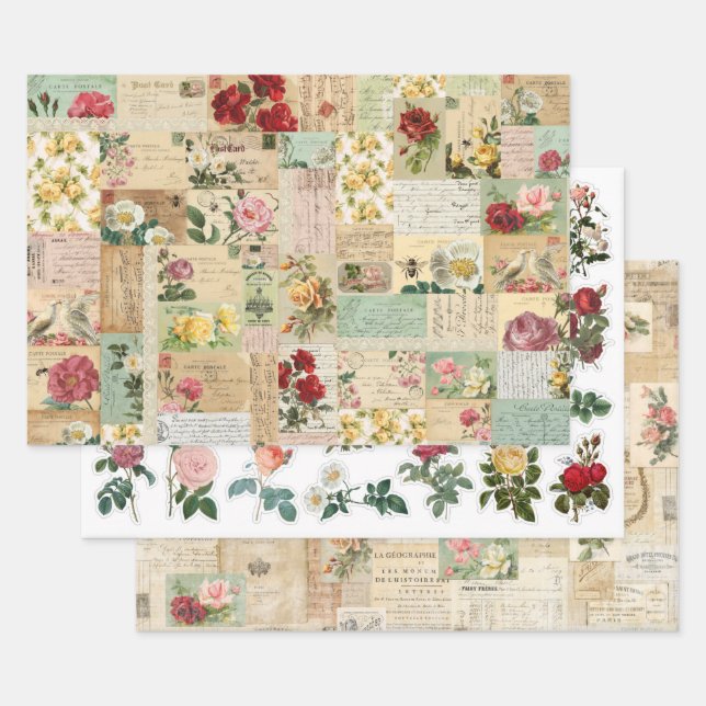 3 Romantic Roses Collage Ephemera Sheets (Set)